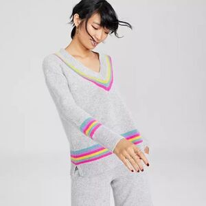 Charter Club Cashmere V-Neck Striped Long Sleeve Knitted Sweater Women's Medium